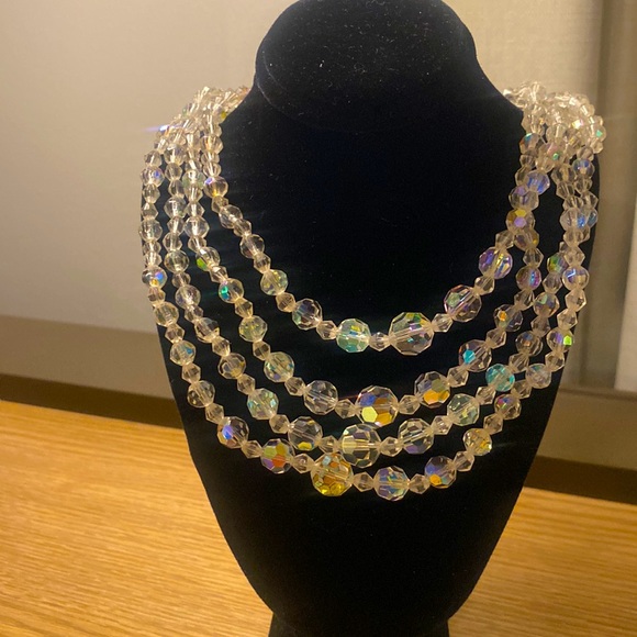 Vintage Jewelry - Vintage aurora borealis glass beads multi strand collar, bib, 1950’s necklace